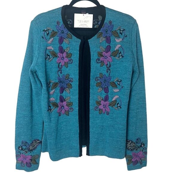 NWT Tey-Art Peruvian Alpaca Floral Embroidered Reversible Cardigan Sweater Sz S - Picture 1 of 13